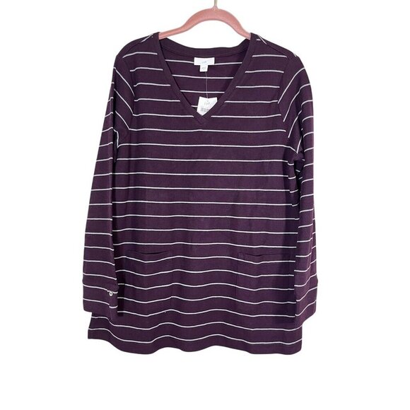 J Jill Striped Top M Maroon Ribbed Tunic Classic Resort Preppy - Picture 1 of 10